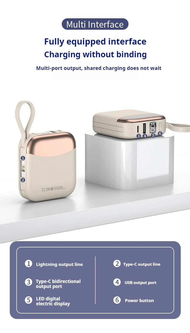 10000mAh Powerbank PD22.5W batterie externe de charge rapide de sécurité pour iPhone/Android/iPad Powerbak, batterie externe Portable intégrée à 2 câbles