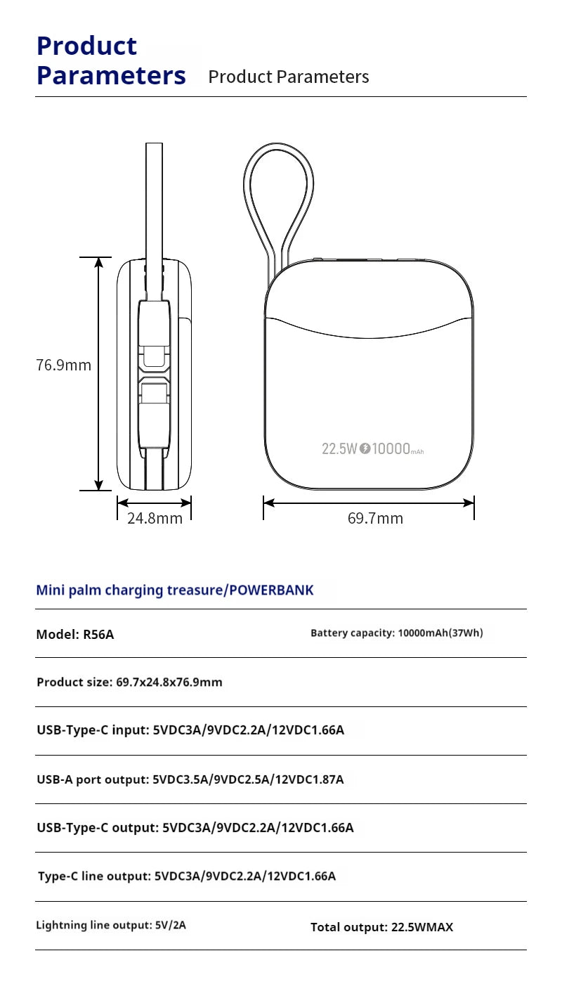 10000mAh Powerbank PD22.5W batterie externe de charge rapide de sécurité pour iPhone/Android/iPad Powerbak, batterie externe Portable intégrée à 2 câbles
