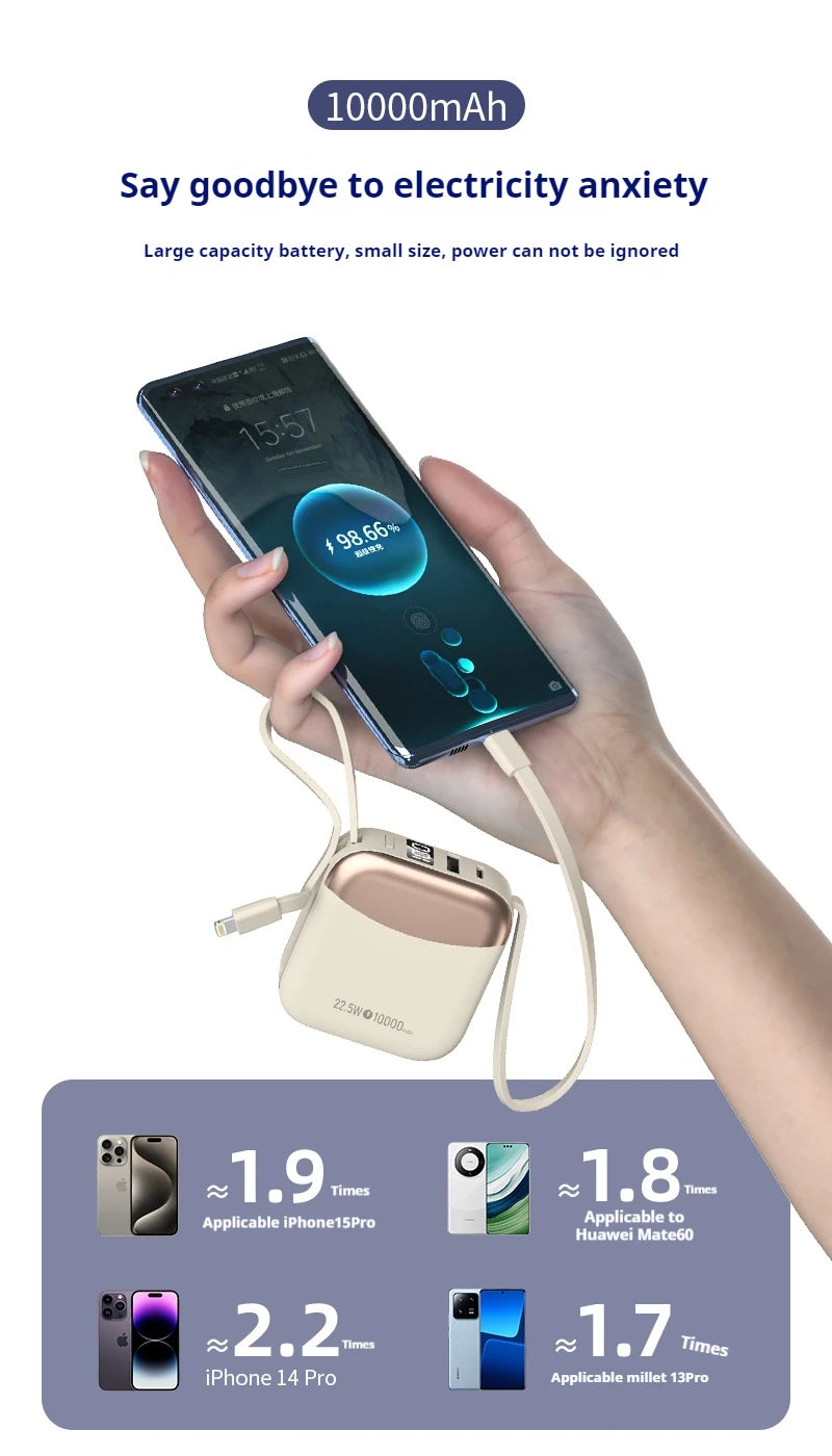 10000mAh Powerbank PD22.5W batterie externe de charge rapide de sécurité pour iPhone/Android/iPad Powerbak, batterie externe Portable intégrée à 2 câbles