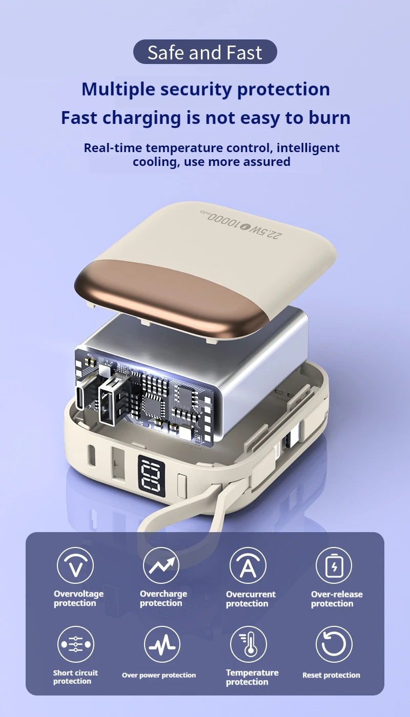 10000mAh Powerbank PD22.5W batterie externe de charge rapide de sécurité pour iPhone/Android/iPad Powerbak, batterie externe Portable intégrée à 2 câbles