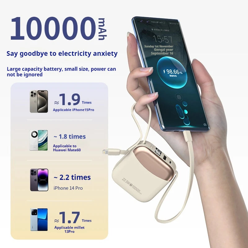 10000mAh Powerbank PD22.5W batterie externe de charge rapide de sécurité pour iPhone/Android/iPad Powerbak, batterie externe Portable intégrée à 2 câbles