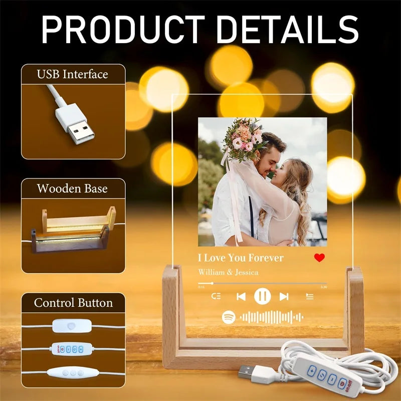 Cadre Photo Spotify personnalisé, Plaque acrylique avec veilleuse LED, cadeau personnalisé pour son Couple