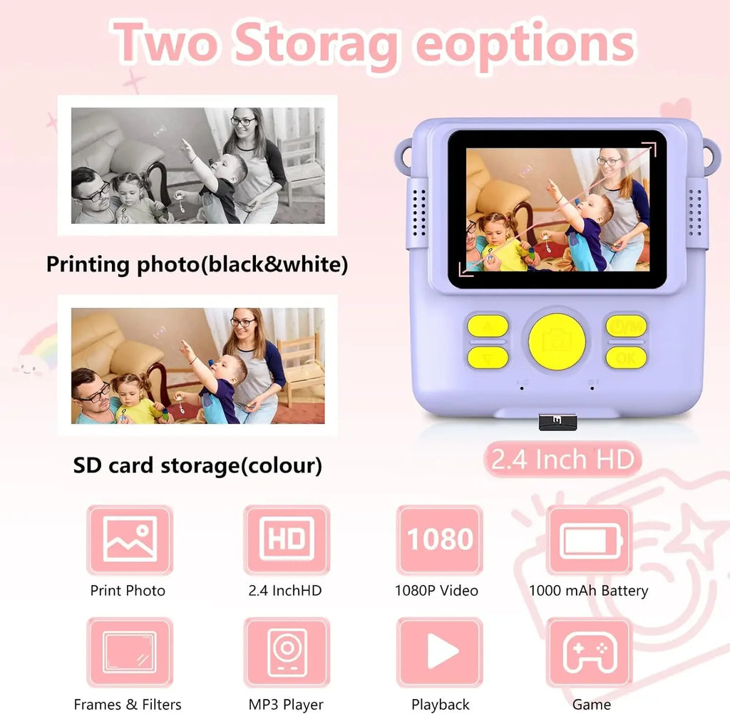 Appareil photo à impression instantanée pour enfants, caméras vidéo numériques HD 1080p pour tout-petits, cadeaux d'anniversaire de Noël pour filles et garçons de 3 à 12 ans