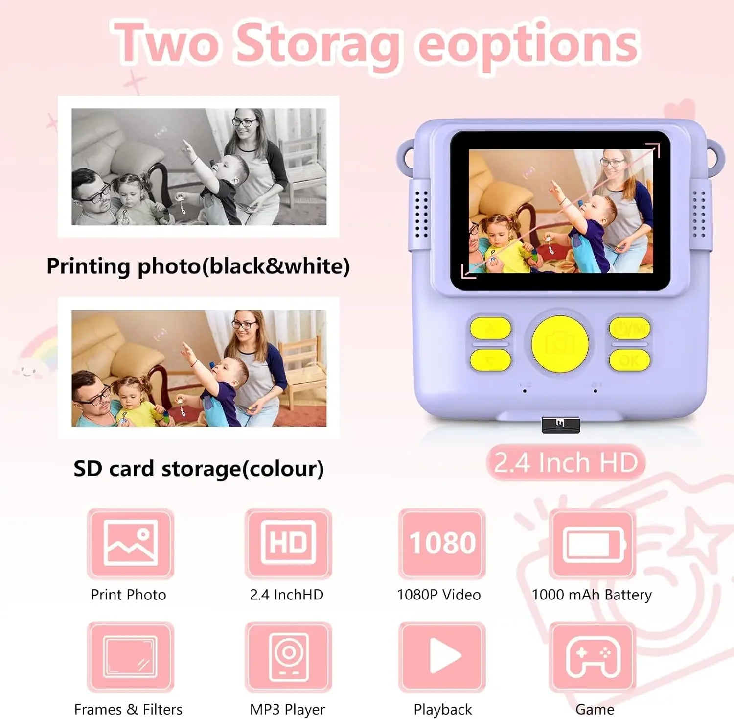 Appareil photo à impression instantanée pour enfants, caméras vidéo numériques HD 1080p pour tout-petits, cadeaux d'anniversaire de Noël pour filles et garçons de 3 à 12 ans