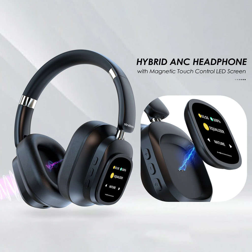 Siindoo JH-ANC930Plus Écouteurs à suppression active du bruit, casque hybride sans fil avec écran LED à commande tactile multi-magnétique