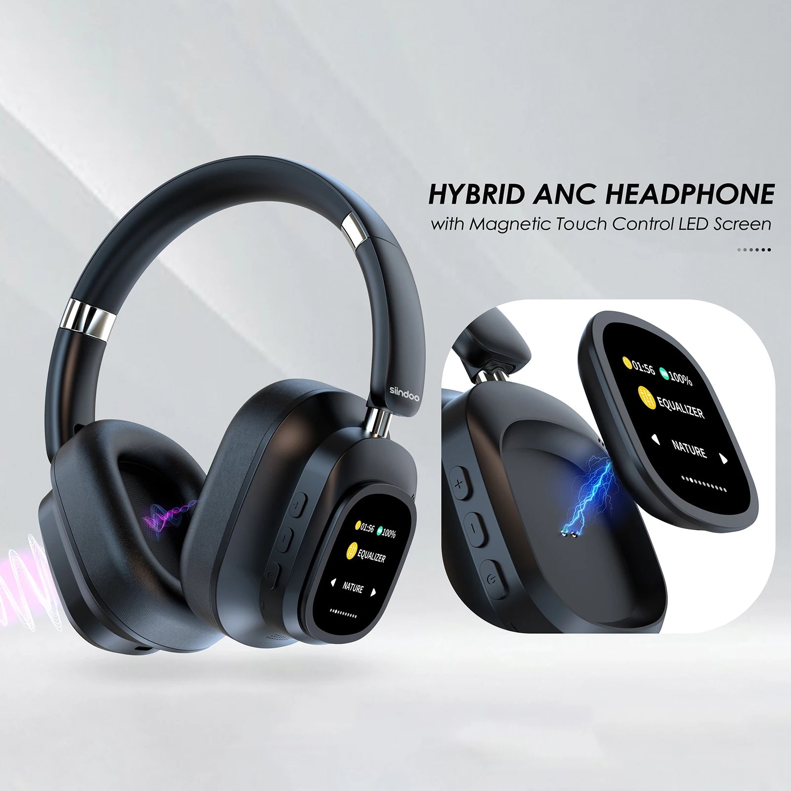 Siindoo JH-ANC930Plus Écouteurs à suppression active du bruit, casque hybride sans fil avec écran LED à commande tactile multi-magnétique