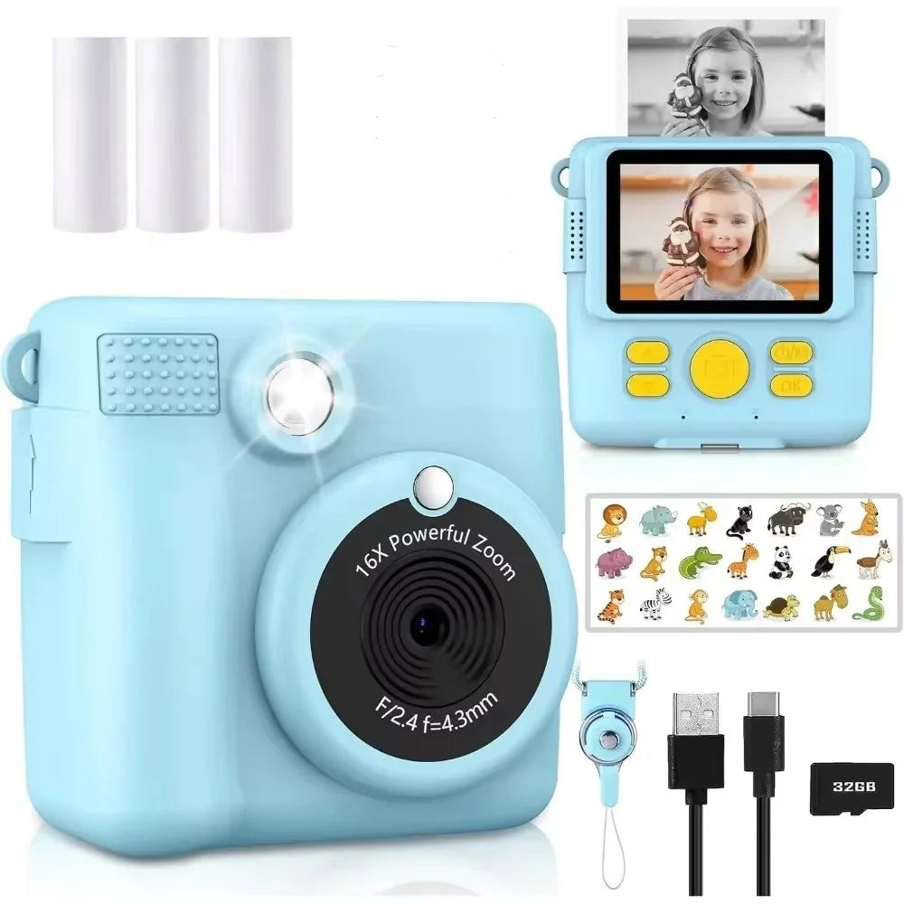 Appareil photo à impression instantanée pour enfants, caméras vidéo numériques HD 1080p pour tout-petits, cadeaux d'anniversaire de Noël pour filles et garçons de 3 à 12 ans