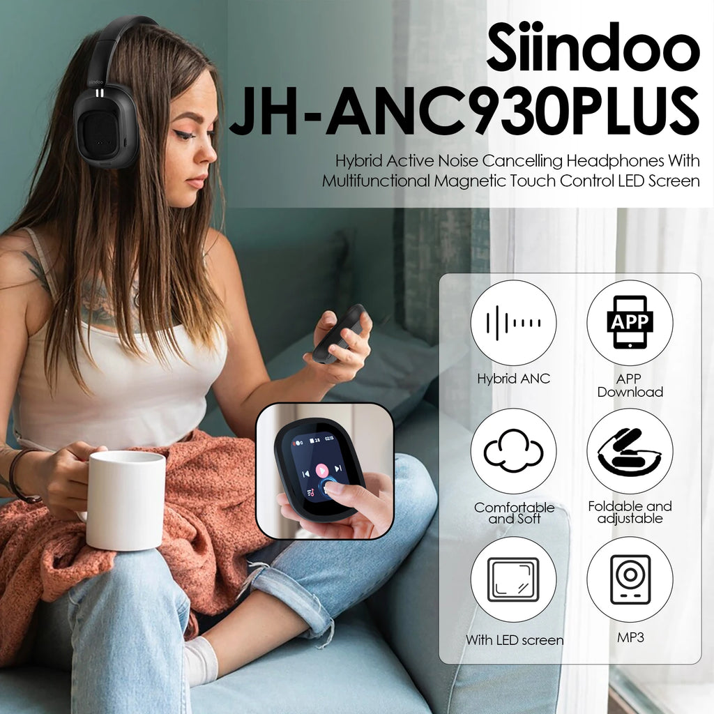 Siindoo JH-ANC930Plus Écouteurs à suppression active du bruit, casque hybride sans fil avec écran LED à commande tactile multi-magnétique