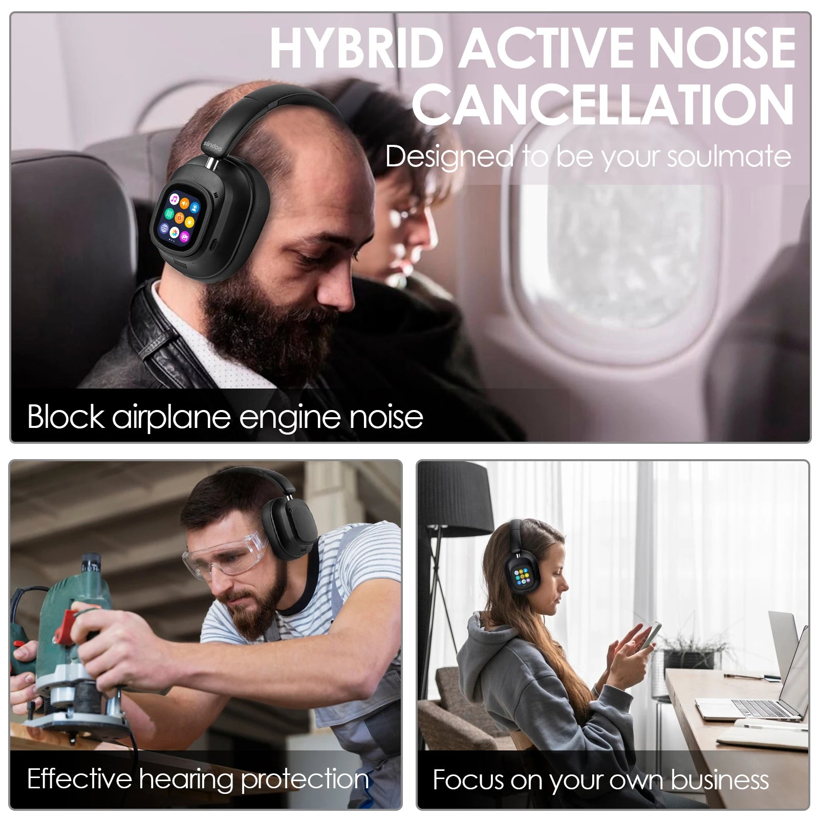 Siindoo JH-ANC930Plus Écouteurs à suppression active du bruit, casque hybride sans fil avec écran LED à commande tactile multi-magnétique
