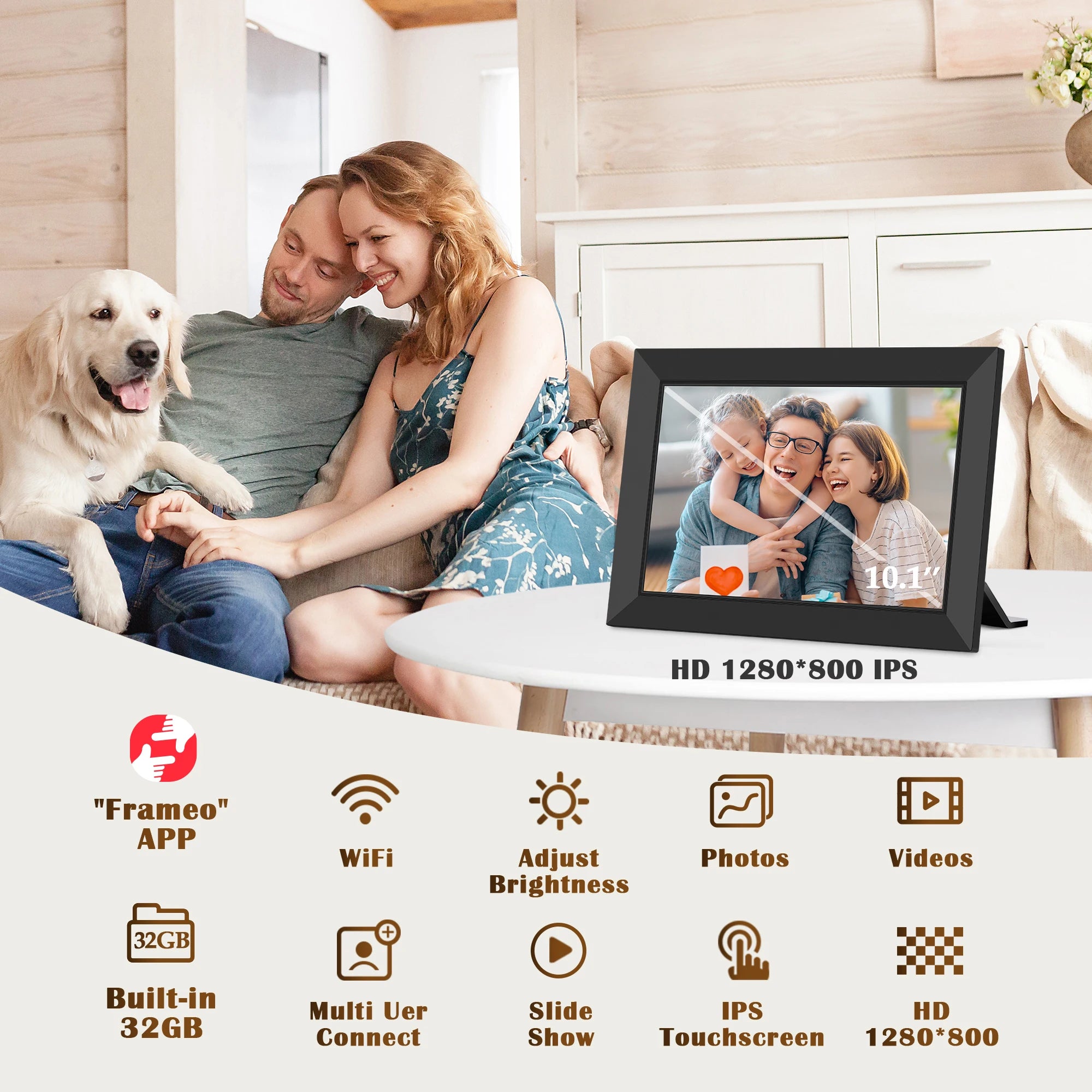 Cadre Photo numérique WiFi intelligent 32G, 10.1 pouces, écran tactile LCD 1280x800 IPS, rotation automatique, 32 go intégré, partage instantané des Gifs