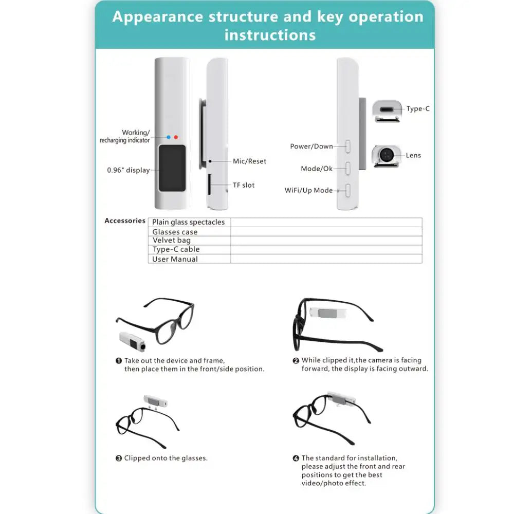 Mini lunettes FPV 2.7K, micro-caméra de prise de vue vidéo HD WiFi, casque Intelligent, enregistrement vidéo et sonore, contrôle par application WiFi