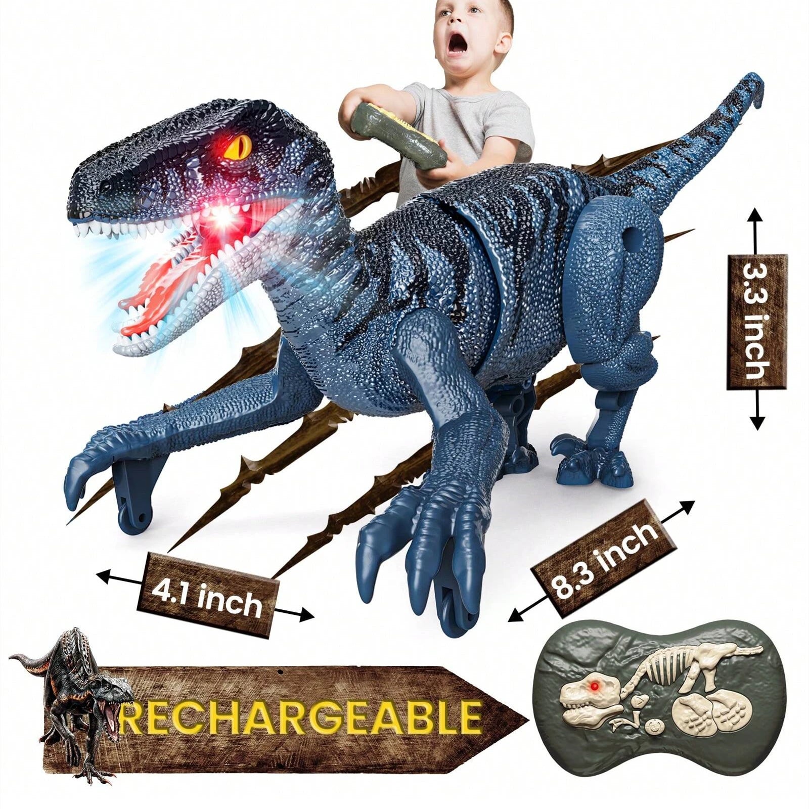 Dinosaure RC avec son et lumières, robot dinosaure RC 2,4 GHz Walking RC Velociraptor, jouet de figurine d'animal préhistorique électrique