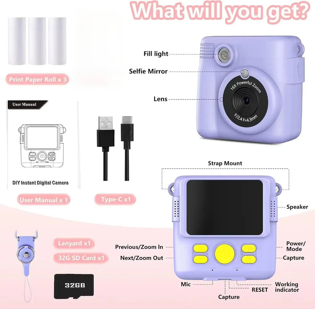 Appareil photo à impression instantanée pour enfants, caméras vidéo numériques HD 1080p pour tout-petits, cadeaux d'anniversaire de Noël pour filles et garçons de 3 à 12 ans