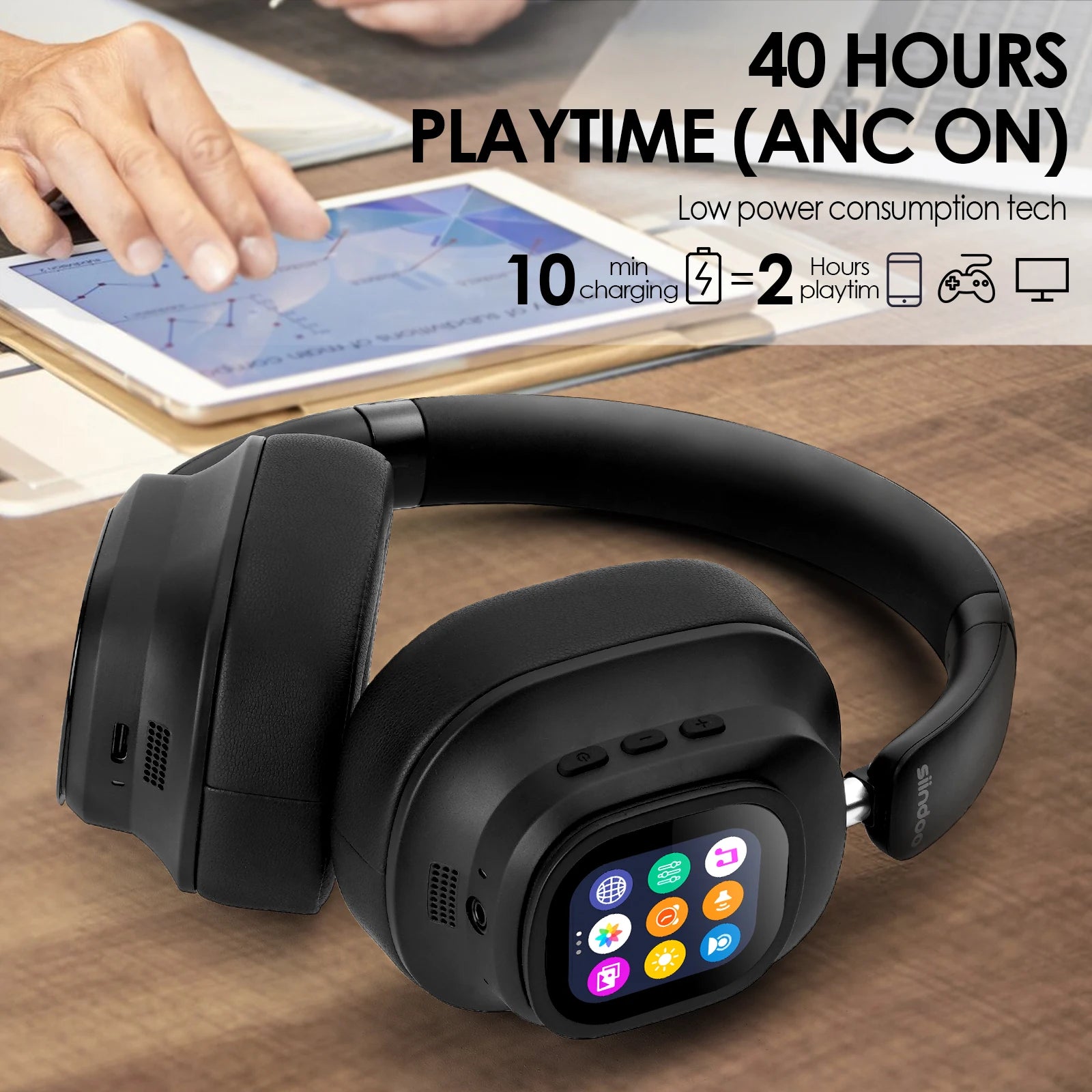 Siindoo JH-ANC930Plus Écouteurs à suppression active du bruit, casque hybride sans fil avec écran LED à commande tactile multi-magnétique