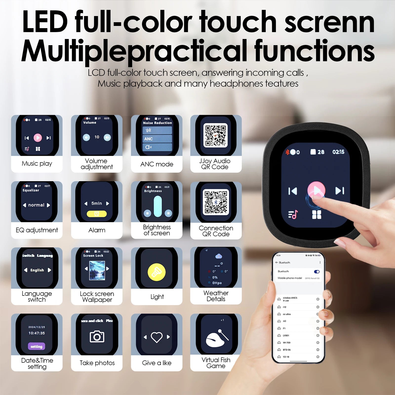 Siindoo JH-ANC930Plus Écouteurs à suppression active du bruit, casque hybride sans fil avec écran LED à commande tactile multi-magnétique