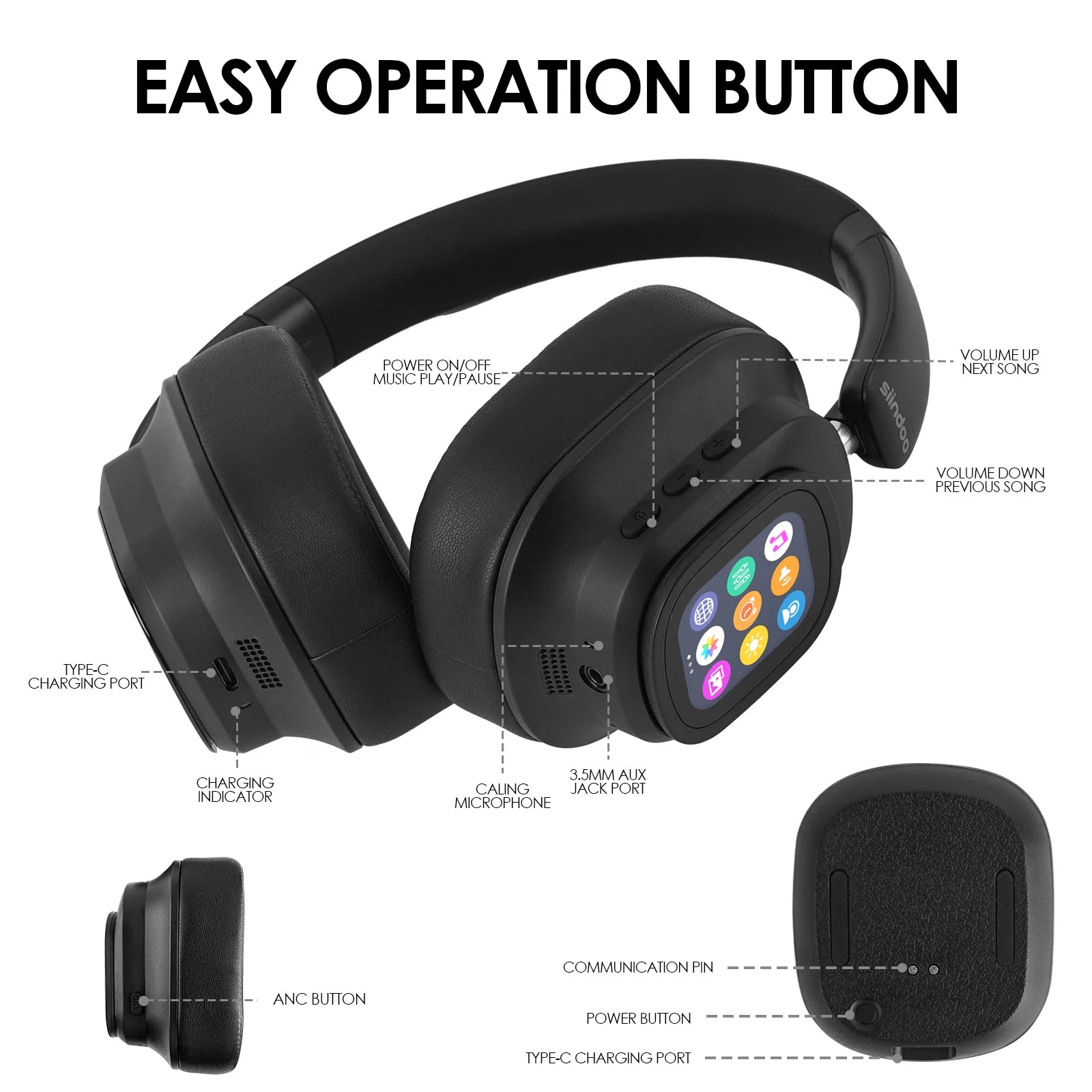 Siindoo JH-ANC930Plus Écouteurs à suppression active du bruit, casque hybride sans fil avec écran LED à commande tactile multi-magnétique