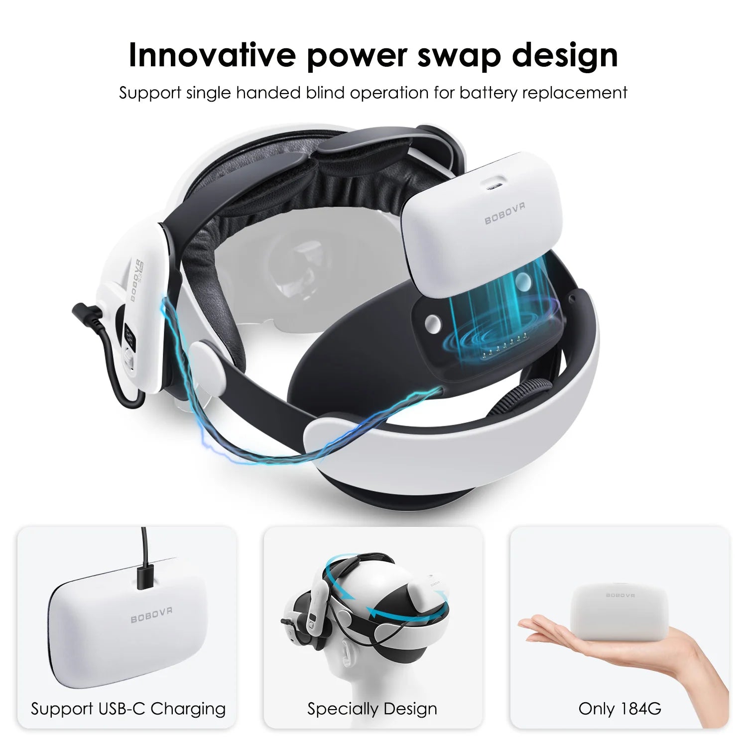 BOBOVR sangle de tête compatible avec Meta Quest 3/Quest3S BOBOVR S3 Pro/E3PRO/M3 Pro sangle de tête de batterie accessoires VR