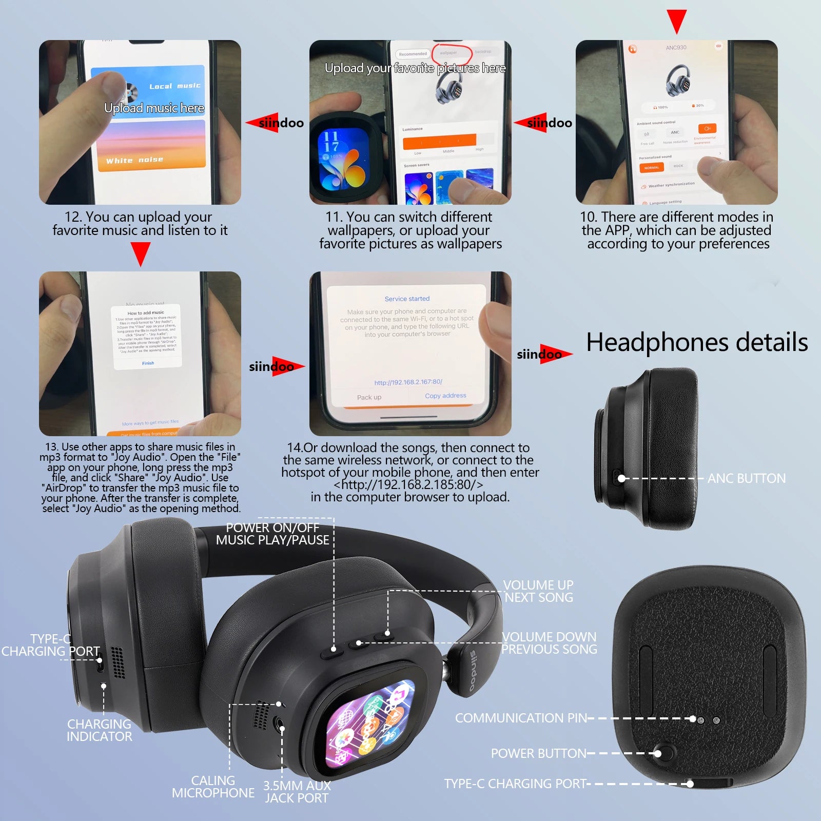 Siindoo JH-ANC930Plus Écouteurs à suppression active du bruit, casque hybride sans fil avec écran LED à commande tactile multi-magnétique