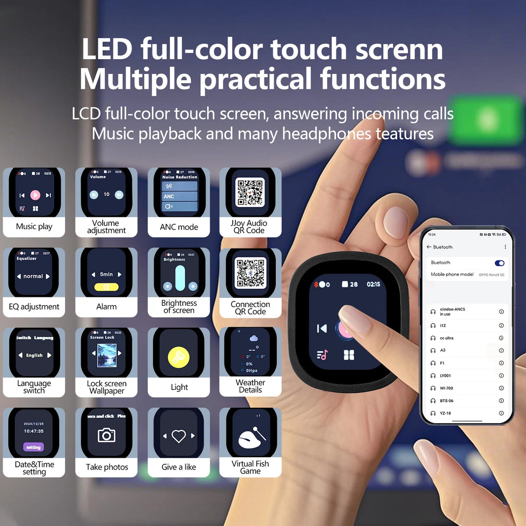 Siindoo JH-ANC930Plus Écouteurs à suppression active du bruit, casque hybride sans fil avec écran LED à commande tactile multi-magnétique