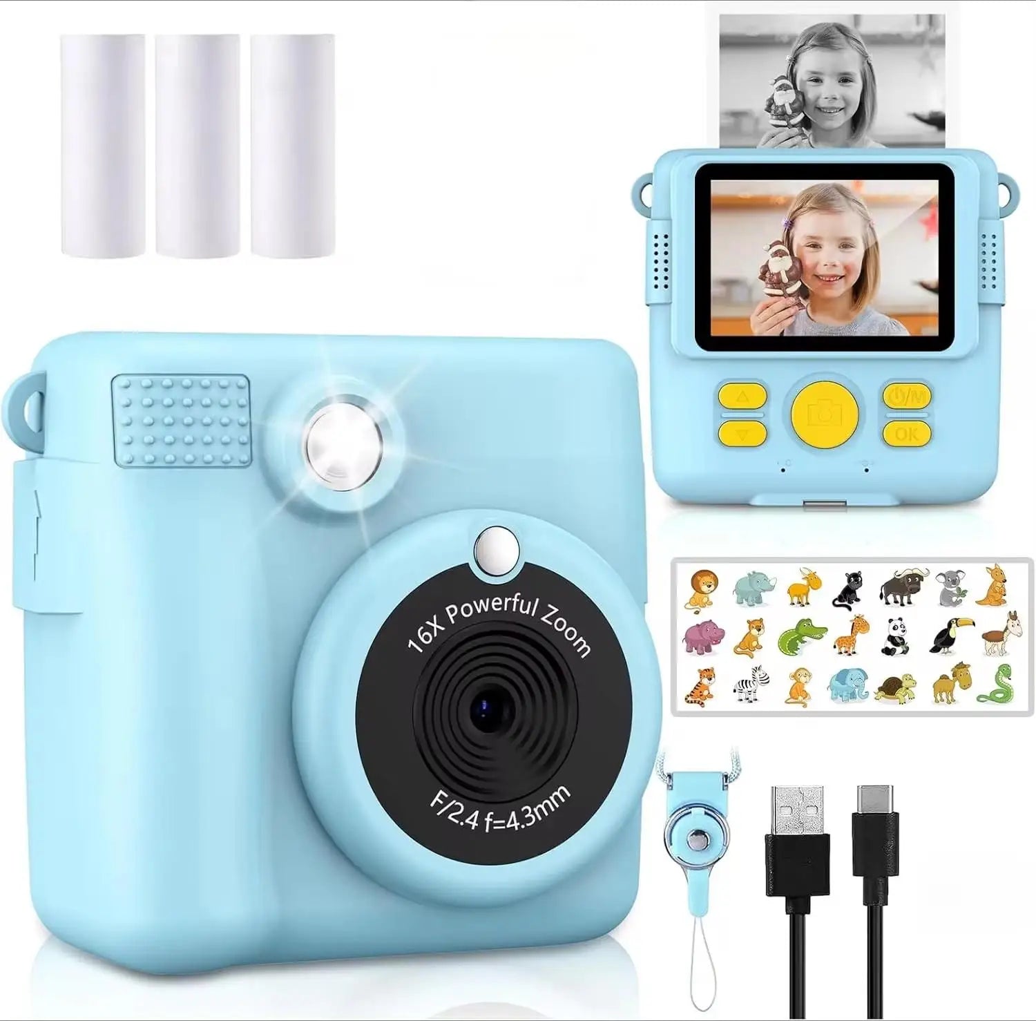 Appareil photo à impression instantanée pour enfants, caméras vidéo numériques HD 1080p pour tout-petits, cadeaux d'anniversaire de Noël pour filles et garçons de 3 à 12 ans