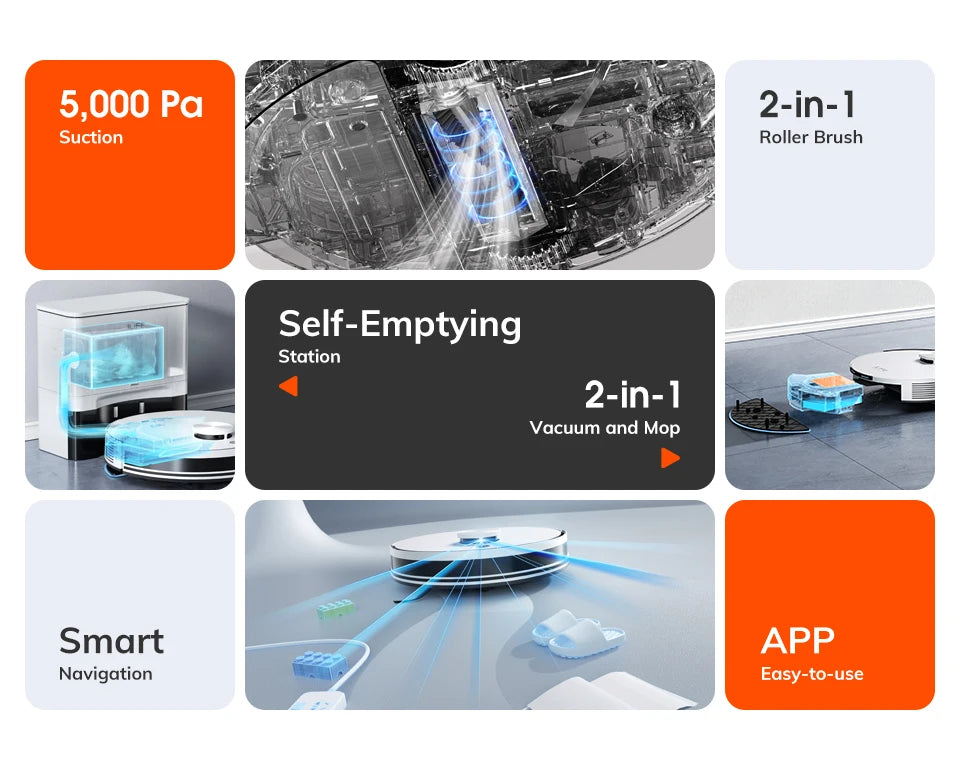 Aspirateur robot A30 PRO, aspiration 5000Pa, auto-vidange, capacité de 60 jours, application, télécommande, temps de fonctionnement de 180 minutes