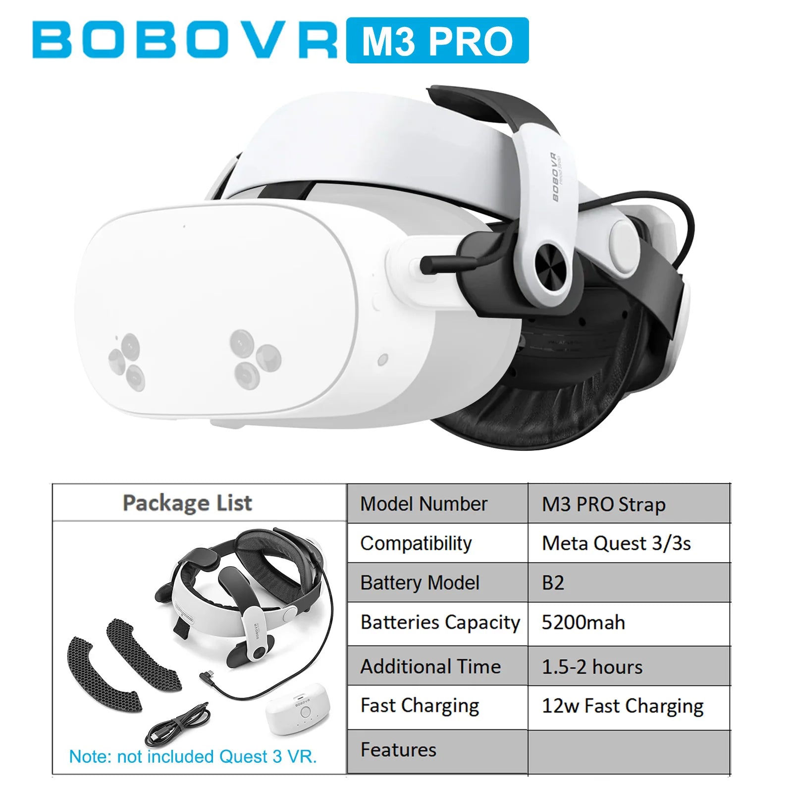 BOBOVR sangle de tête compatible avec Meta Quest 3/Quest3S BOBOVR S3 Pro/E3PRO/M3 Pro sangle de tête de batterie accessoires VR