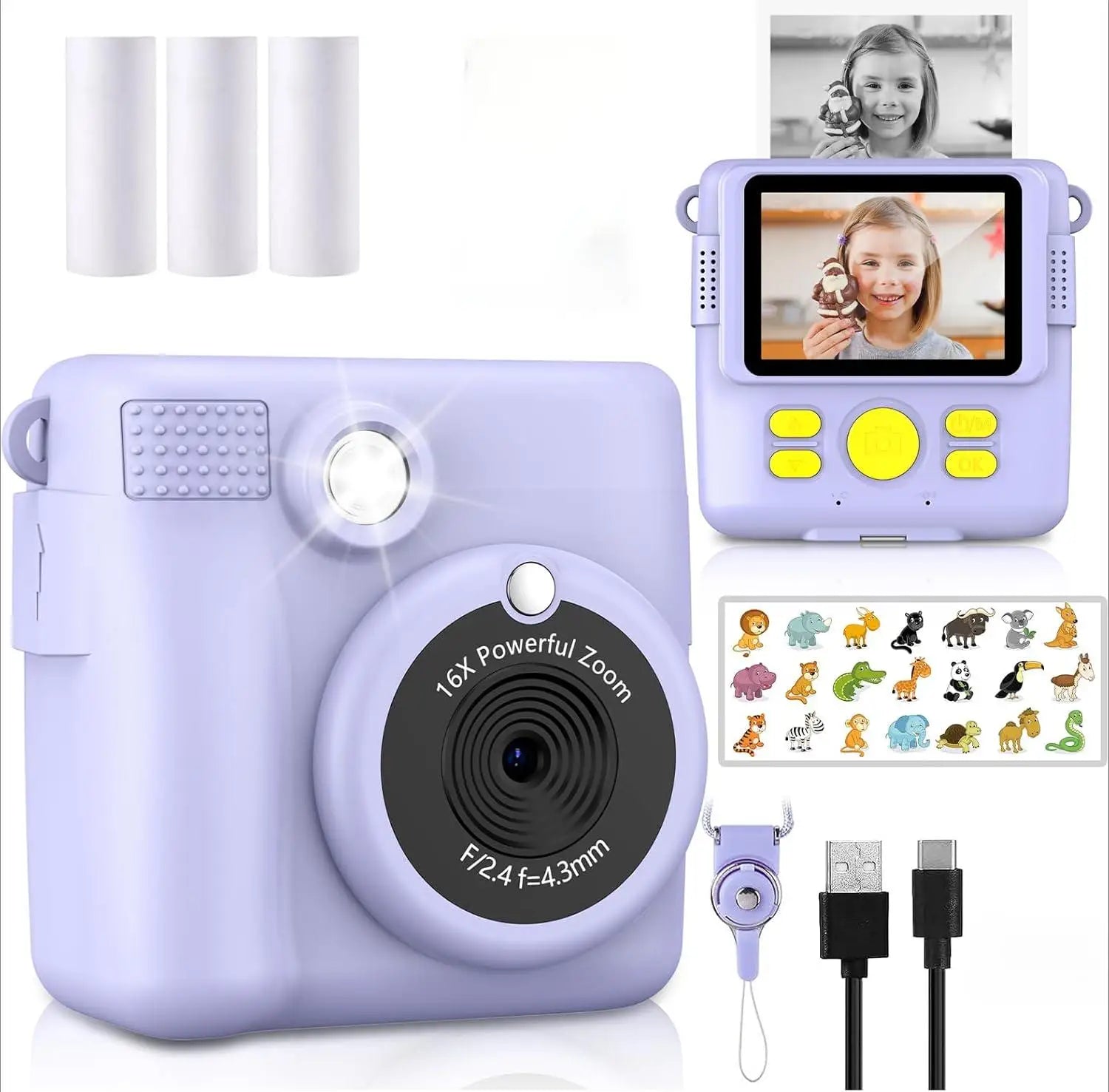 Appareil photo à impression instantanée pour enfants, caméras vidéo numériques HD 1080p pour tout-petits, cadeaux d'anniversaire de Noël pour filles et garçons de 3 à 12 ans