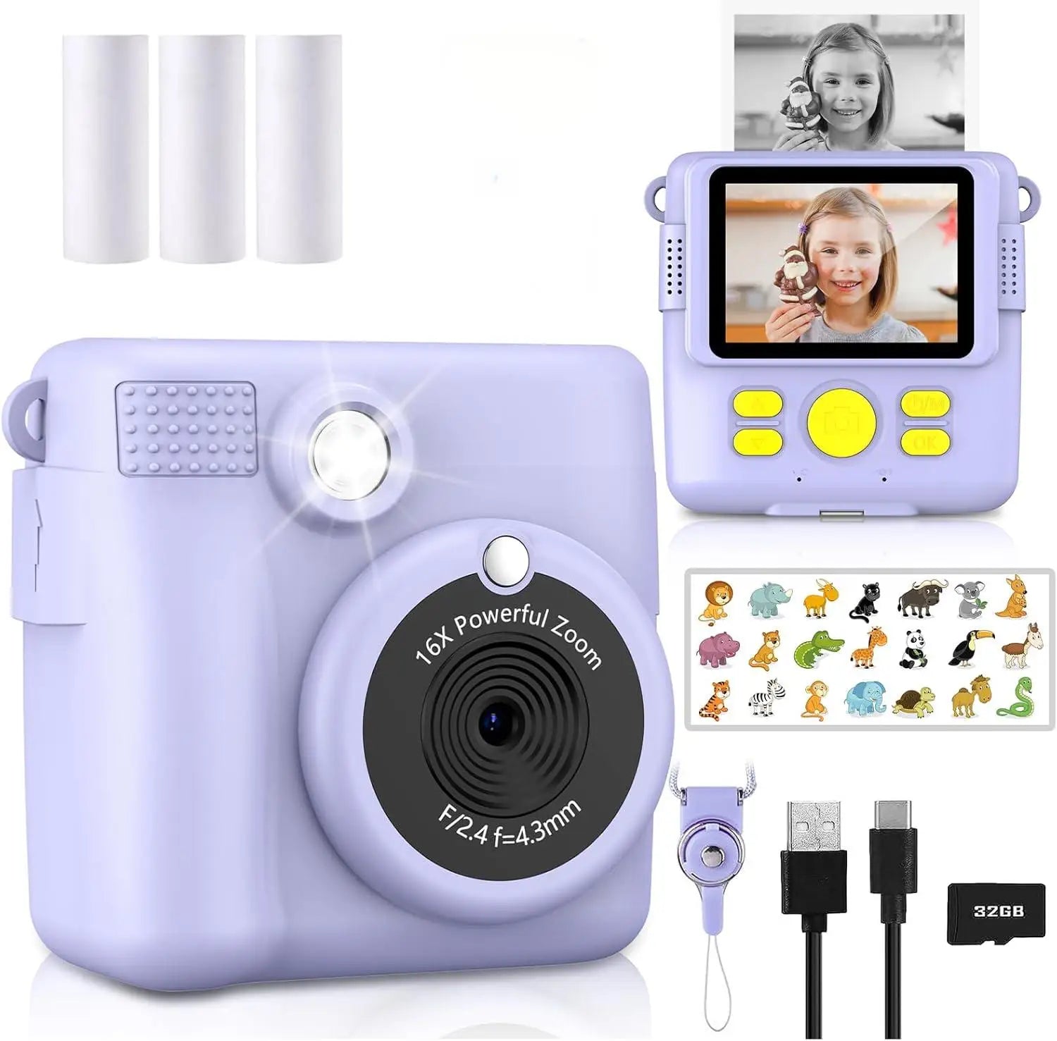 Appareil photo à impression instantanée pour enfants, caméras vidéo numériques HD 1080p pour tout-petits, cadeaux d'anniversaire de Noël pour filles et garçons de 3 à 12 ans