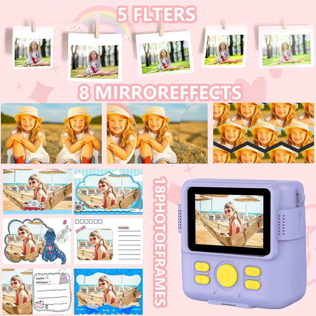 Appareil photo à impression instantanée pour enfants, caméras vidéo numériques HD 1080p pour tout-petits, cadeaux d'anniversaire de Noël pour filles et garçons de 3 à 12 ans