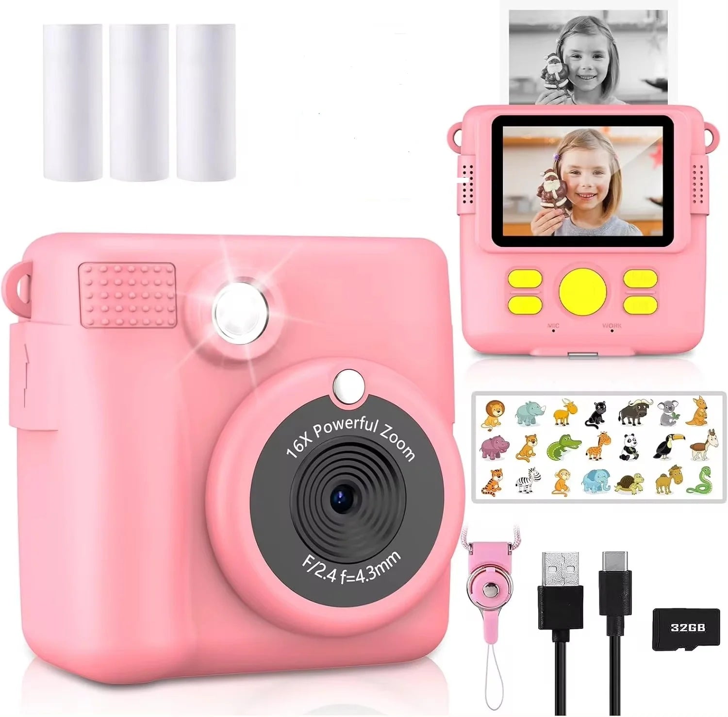 Appareil photo à impression instantanée pour enfants, caméras vidéo numériques HD 1080p pour tout-petits, cadeaux d'anniversaire de Noël pour filles et garçons de 3 à 12 ans