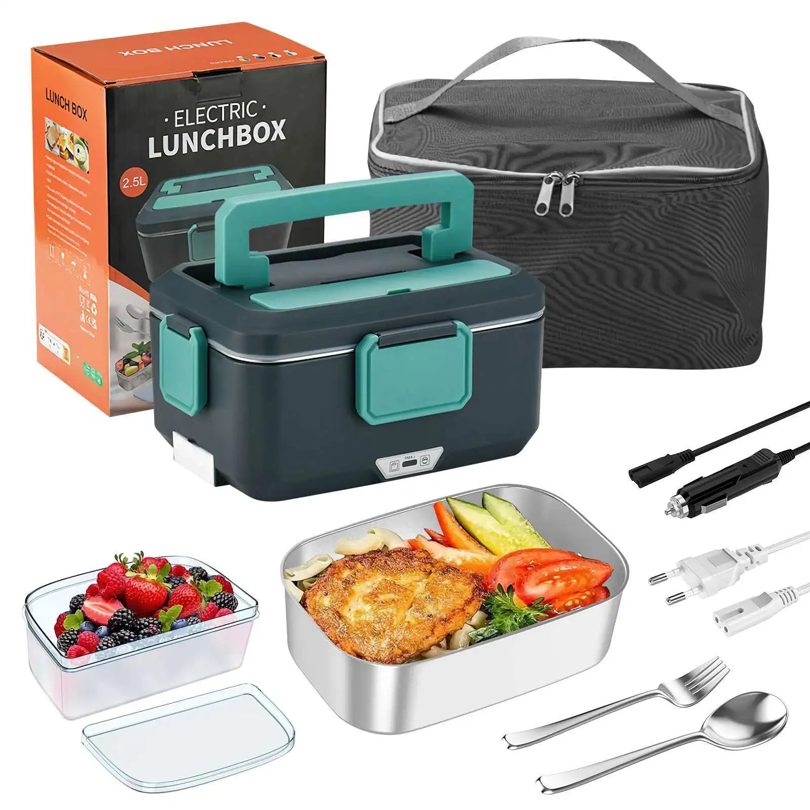 Boîte à lunch électrique 2,5 L 90 W, chauffe-aliments portable pour voiture et maison, récipient en acier inoxydable anti-fuite, chauffage rapide des repas