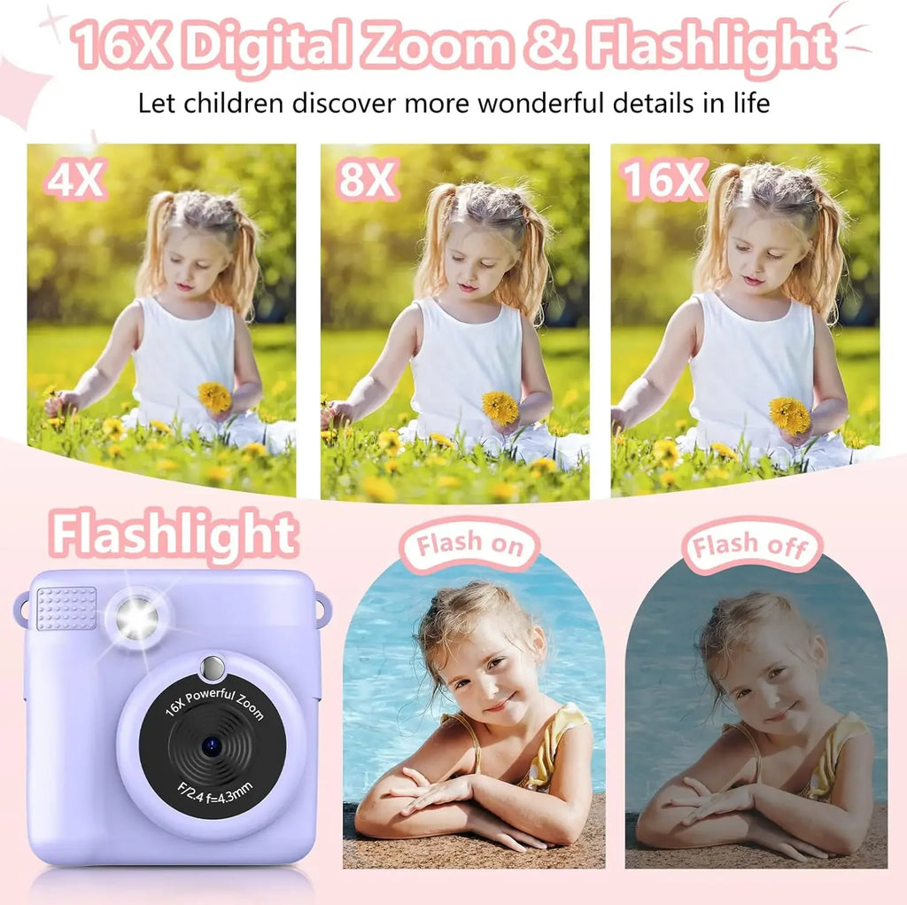 Appareil photo à impression instantanée pour enfants, caméras vidéo numériques HD 1080p pour tout-petits, cadeaux d'anniversaire de Noël pour filles et garçons de 3 à 12 ans
